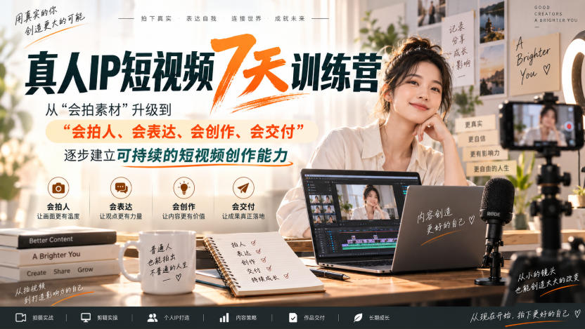 真人IP短视频7天训练营，从“会拍素材”升级到“会拍人、会表达、会创作、会交付”，逐步建立可持续的短视频创作能力-佳梦网创 - 网创副业项目资源站