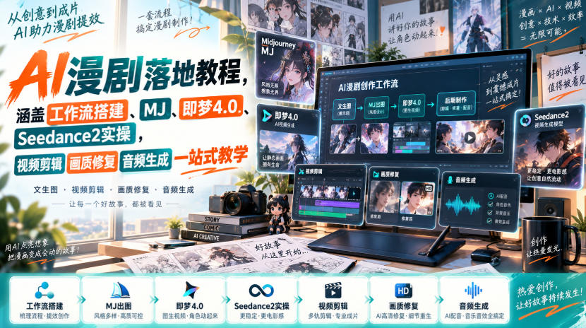 AI漫剧落地教程,涵盖工作流搭建、MJ、即梦4.0、Seedance2实操,视频剪辑画质修复音频生成一站式教学-佳梦网创 - 网创副业项目资源站