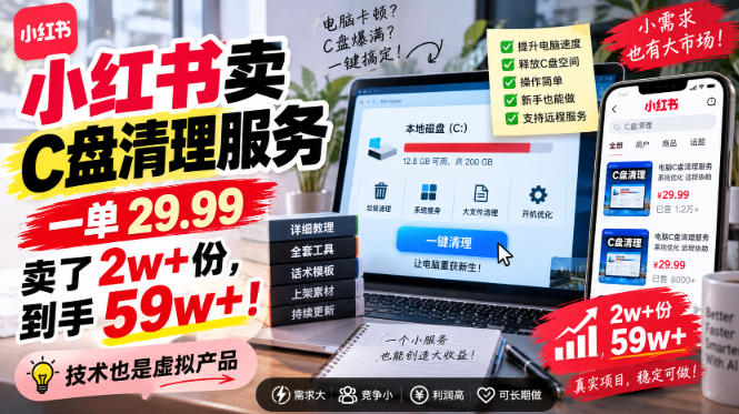 小红书卖C盘清理服务,一单29.99,卖了2w+份,技术也是虚拟产品-佳梦网创 - 网创副业项目资源站