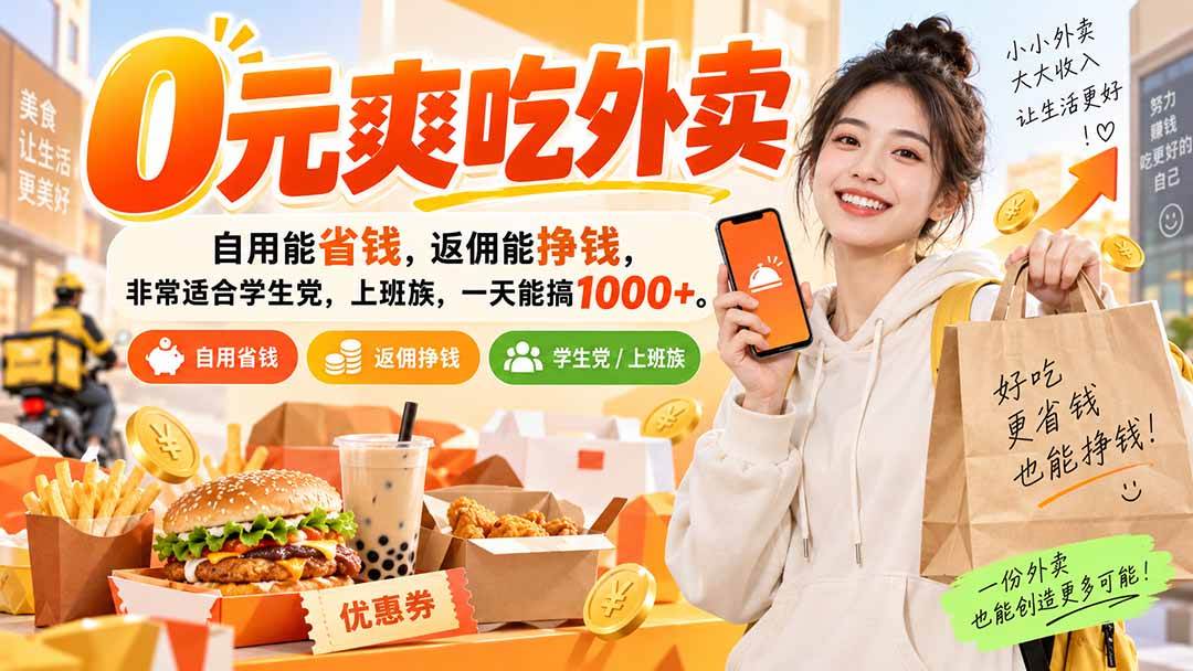 (20309期)0元爽吃外卖,自用能省钱,返佣能挣钱,非常适合学生党,上班族,一天能搞1000+-佳梦网创 - 网创副业项目资源站
