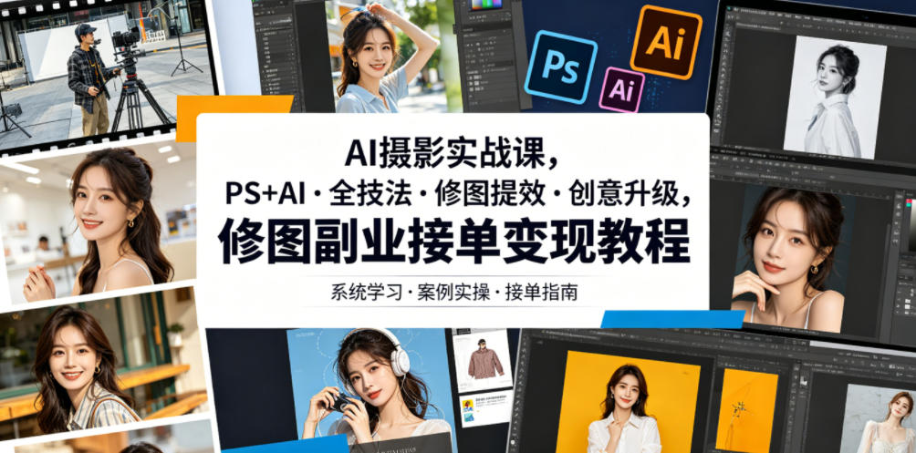 AI摄影实战课,PS+AI・全技法・修图提效・创意升级,修图副业接单变现教程-佳梦网创 - 网创副业项目资源站