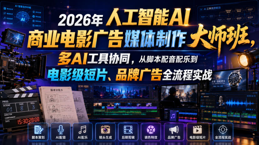 2026年人工智能AI商业电影广告媒体制作大师班，多AI工具协同，从脚本配音配乐到电影级短片、品牌广告全流程实战（中英字幕）-佳梦网创 - 网创副业项目资源站
