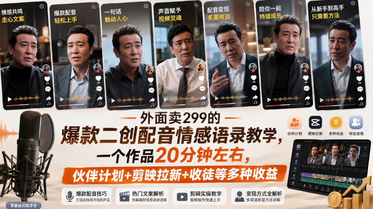 外面卖299的爆款二创配音情感语录教学，一个作品20分钟左右，伙伴计划+剪映拉新+收徒等多种收益-佳梦网创 - 网创副业项目资源站