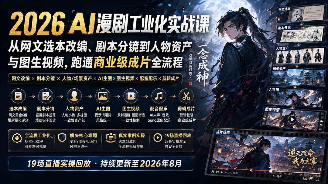 （20068期）2026 AI漫剧工业化实战课-更新：从网文选本改编、剧本分镜到人物资产与图生视频，跑通商业级成片全流程-佳梦网创 - 网创副业项目资源站