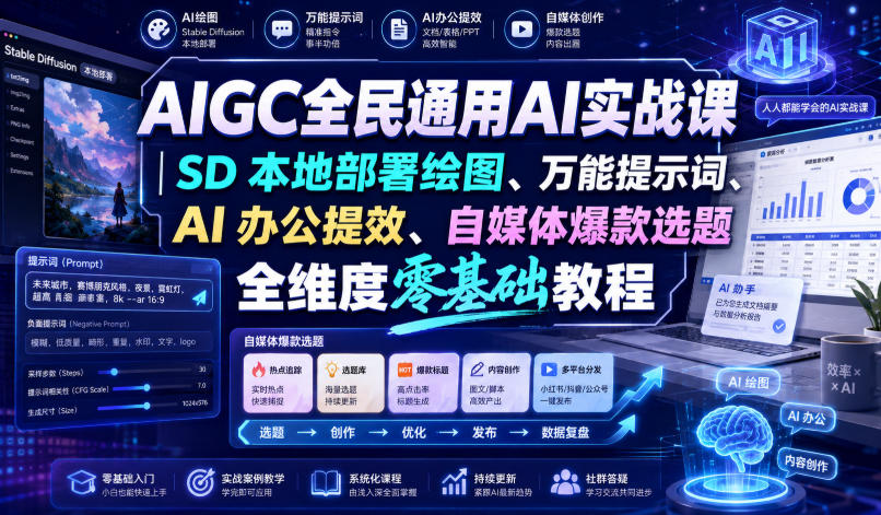 AIGC全民通用AI实战课|SD本地部署绘图、万能提示词、AI办公提效、自媒体爆款选题全维度零基础教程-佳梦网创 - 网创副业项目资源站
