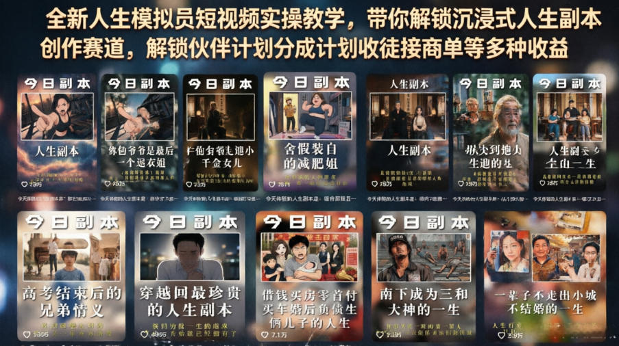 全新人生模拟员短视频实操教学,带你解锁沉浸式人生副本创作赛道,解锁伙伴计划分成计划收徒接商单等多种收益-佳梦网创 - 网创副业项目资源站