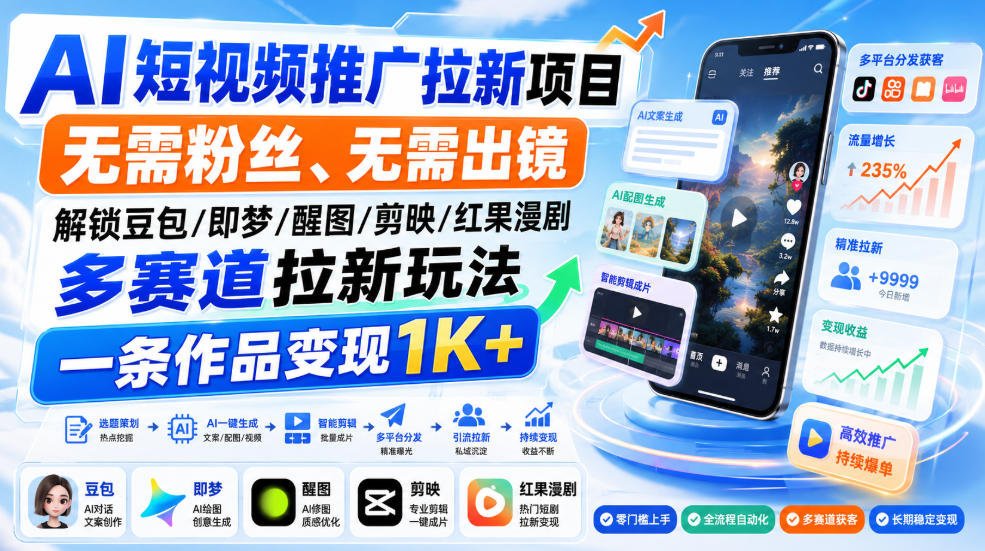 AI短视频推广拉新项目，无需粉丝、无需出镜，解锁豆包/即梦/醒图/剪映/红果漫剧多赛道拉新玩法，一条作品变现1K+（更新0918）-佳梦网创 - 网创副业项目资源站