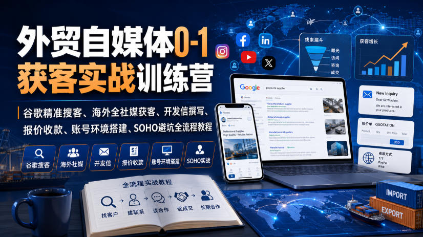 外贸自媒体0-1获客实战训练营｜谷歌精准搜客、海外全社媒获客、开发信撰写、报价收款、账号环境搭建、SOHO避坑全流程教程 - 佳梦网创 - 网创副业项目资源站-佳梦网创 - 网创副业项目资源站