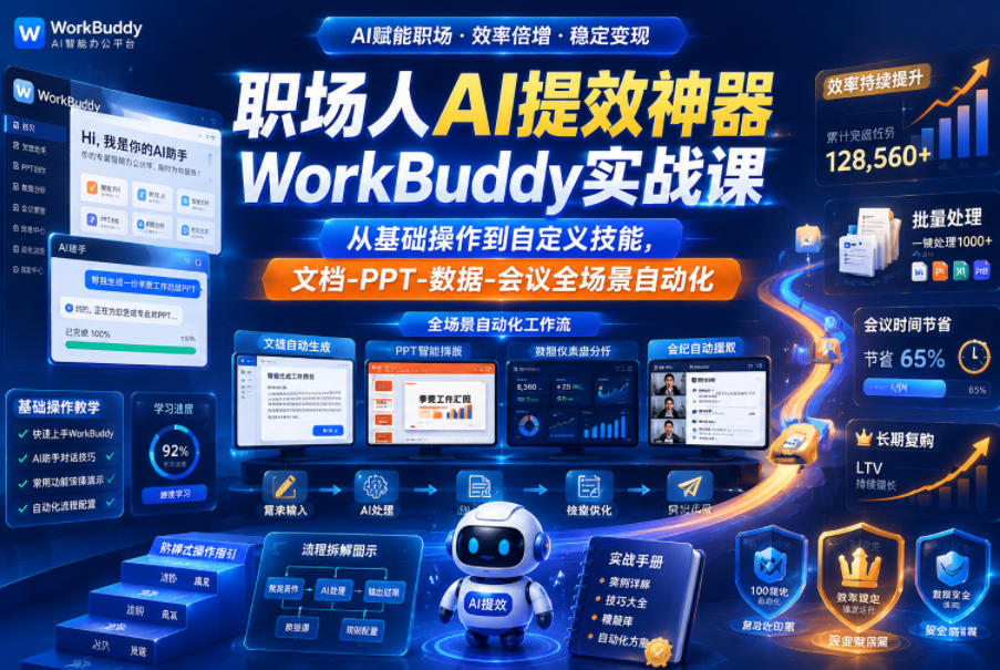 职场人AI提效神器WorkBuddy实战课,从基础操作到自定义技能,文档-PPT-数据-会议全场景自动化 职场人AI提效神器WorkBuddy实战课,从基础操作到自定义技能,文档-PPT-数据-会议全场景自动化
