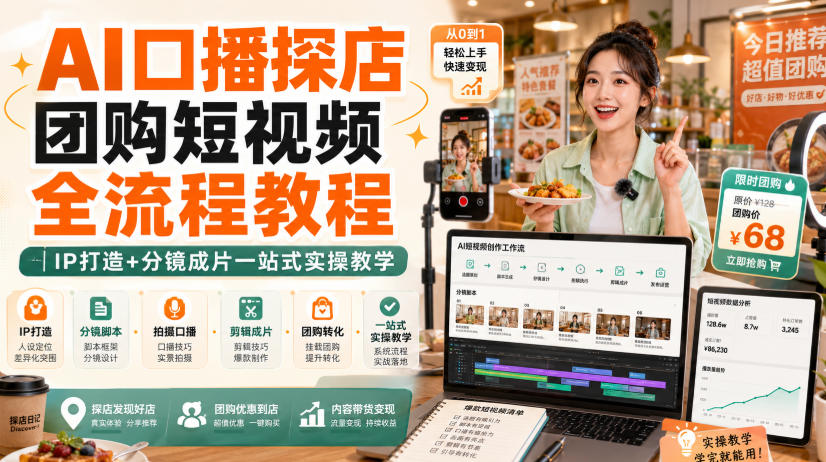 AI口播探店团购短视频全流程教程｜IP打造+分镜成片一站式实操教学-佳梦网创 - 网创副业项目资源站