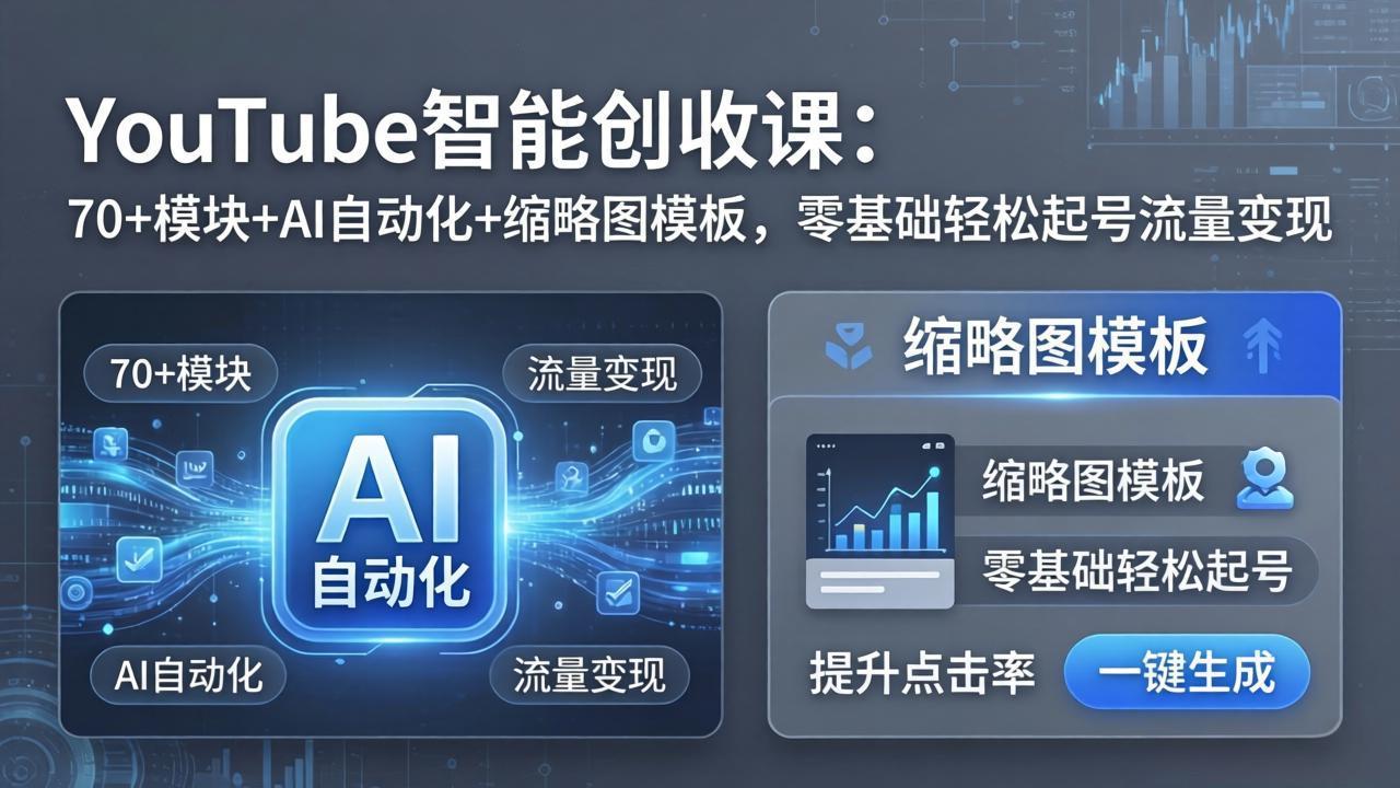 YouTube智能创收课:70+模块+AI自动化+缩略图模板,零基础轻松起号流量变现-佳梦网创 - 网创副业项目资源站