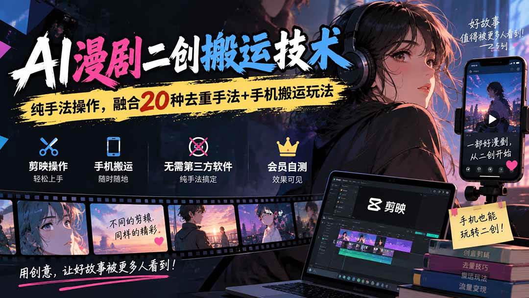 (20551期)AI漫剧二创搬运技术,纯手法操作,融合20种去重手法++手机搬运玩法-佳梦网创 - 网创副业项目资源站