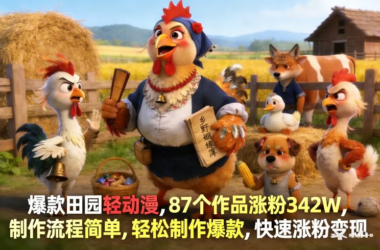 爆款田园轻动漫，87个作品涨粉342W，制作流程简单，轻松制作爆款，快速涨粉变现 - 佳梦网创 - 网创副业项目资源站-佳梦网创 - 网创副业项目资源站