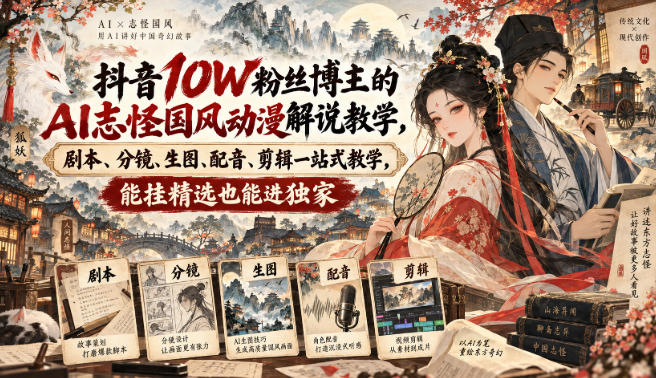 抖音10W粉丝博主的AI志怪国风动漫解说教学，剧本、分镜、生图、配音、剪辑一站式教学，能挂精选也能进独家-佳梦网创 - 网创副业项目资源站