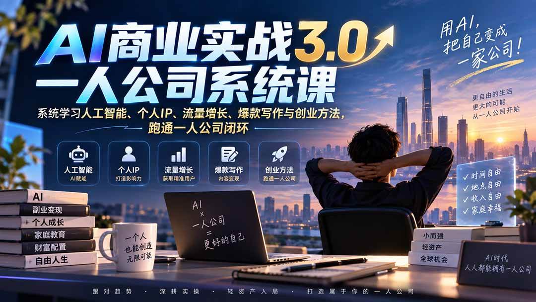 (20249期)AI商业实战3.0一人公司系统课:系统学习人工智能、个人IP、流量增长、爆款写作与创业方法,跑通一人公司闭环-佳梦网创 - 网创副业项目资源站