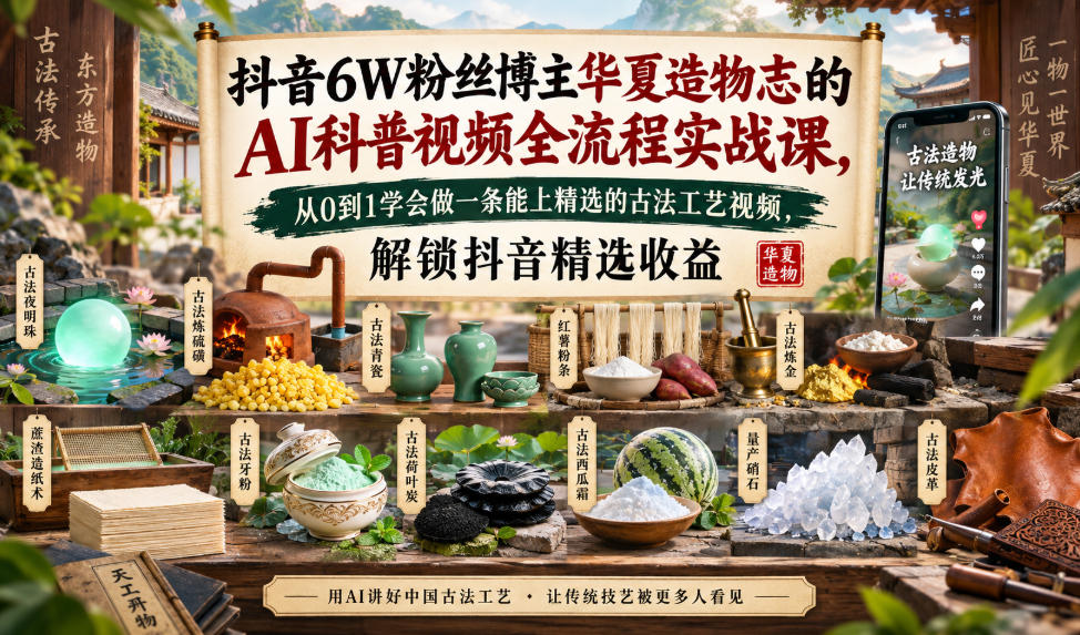 抖音6W粉丝博主华夏造物志的AI科普视频全流程实战课，从0到1学会做一条能上精选的古法工艺视频，解锁抖音精选收益-佳梦网创 - 网创副业项目资源站