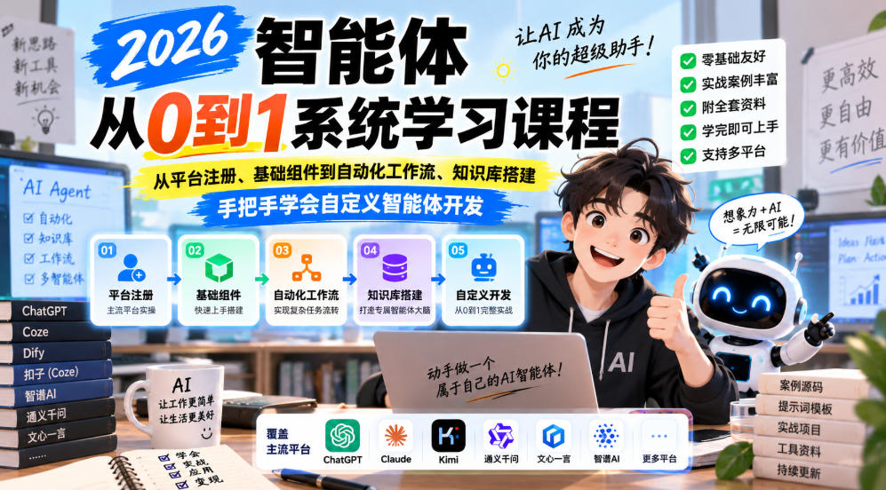 2026智能体从0到1系统学习课程，从平台注册、基础组件到自动化工作流、知识库搭建，手把手学会自定义智能体开发-佳梦网创 - 网创副业项目资源站