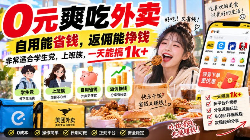 0元爽吃外卖,自用能省钱,返佣能挣钱,非常适合学生党,上班族,一天能搞1k+-佳梦网创 - 网创副业项目资源站