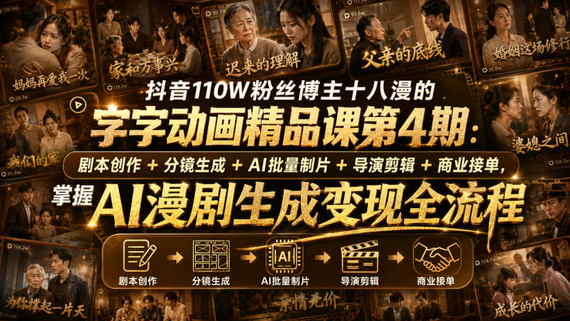抖音110W粉丝博主十八漫的字字动画精品课第4期：剧本创作+分镜生成+剪辑+商业接单，掌握AI漫剧生成变现全流程（更新0916）-佳梦网创 - 网创副业项目资源站