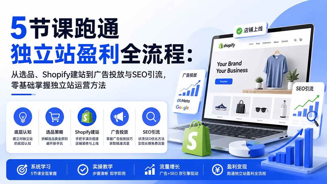 (20316期)5节课跑通独立站盈利全流程:从选品、Shopify建站到广告投放与SEO引流,零基础掌握独立站运营方法-佳梦网创 - 网创副业项目资源站