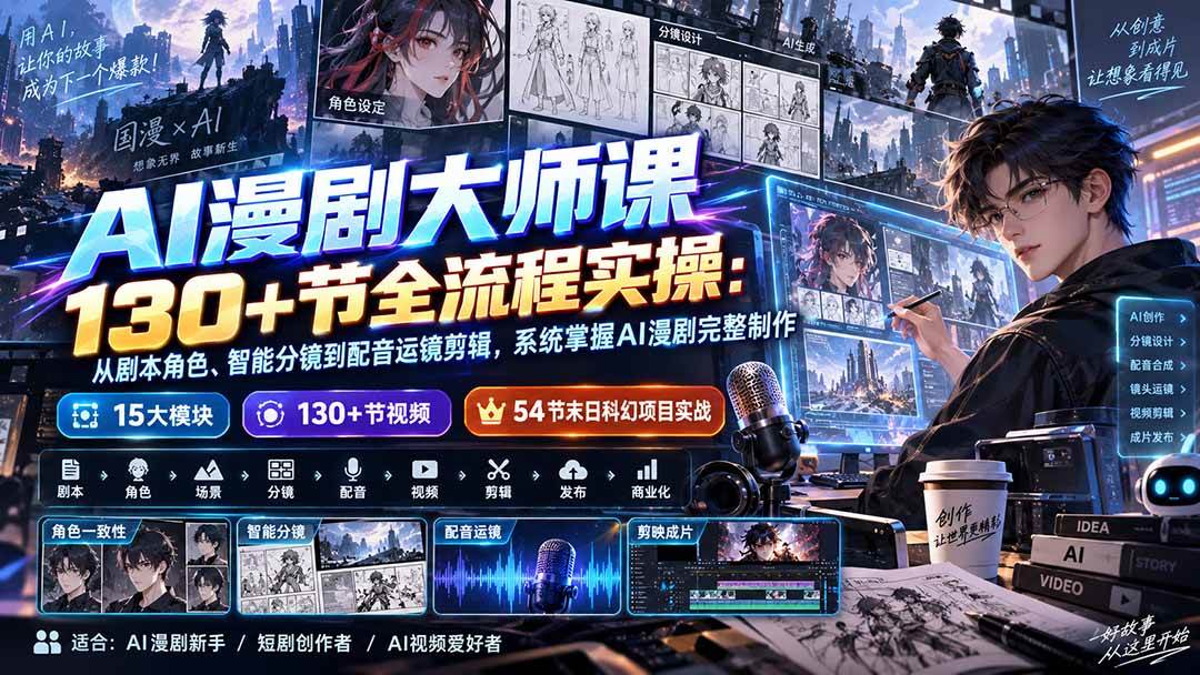 （20326期）AI漫剧大师课130+节全流程实操：从剧本角色、智能分镜到配音运镜剪辑，系统掌握AI漫剧完整制作-佳梦网创 - 网创副业项目资源站