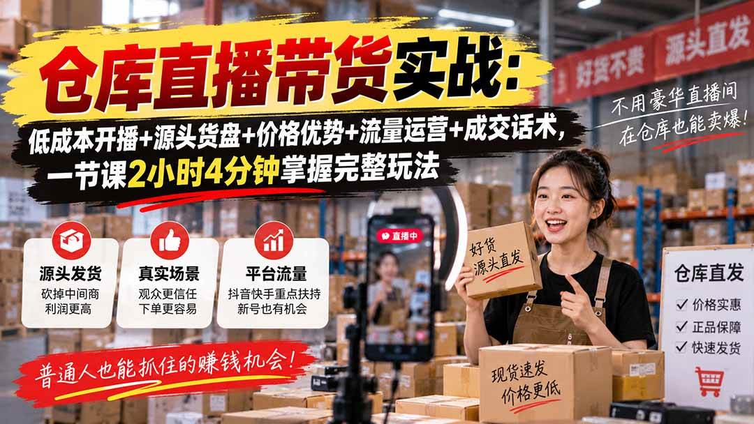 （20471期）仓库直播带货实战：低成本开播+源头货盘+价格优势+流量运营+成交话术，一节课2小时4分钟掌握完整玩法-佳梦网创 - 网创副业项目资源站