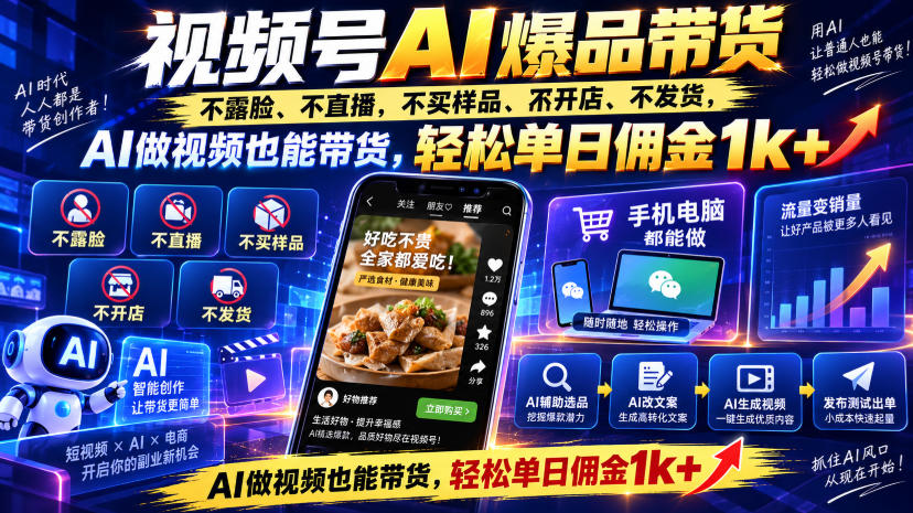 视频号Ai爆品带货，不露脸、不直播、不买样品、不开店、不发货，AI做视频也能带货，轻松单日佣金1k+-佳梦网创 - 网创副业项目资源站