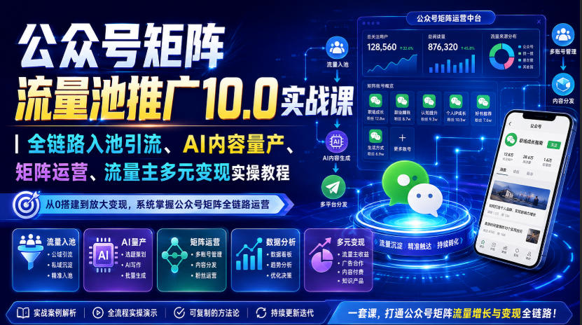 公众号矩阵流量池推广10.0实战课|全链路入池引流、AI内容量产、矩阵运营、流量主多元变现实操教程-佳梦网创 - 网创副业项目资源站