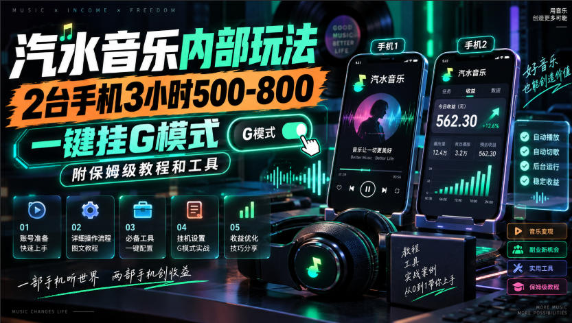 汽水音乐内部玩法,2台手机3小时500-800,一键挂G模式,附保姆级教程和工具【揭秘】-佳梦网创 - 网创副业项目资源站