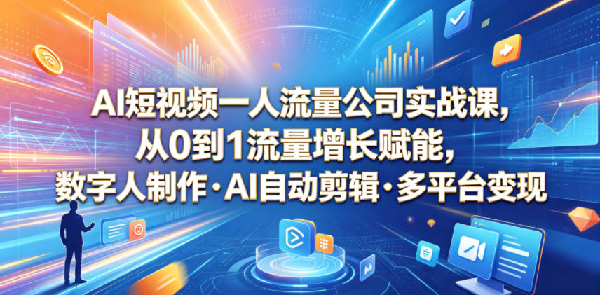 AI短视频一人流量公司实战课,从0到1流量增长赋能,数字人制作・AI自动剪辑・多平台变现,一人做流量生意全落地教程 AI短视频一人流量公司实战课,从0到1流量增长赋能,数字人制作・AI自动剪辑・多平台变现,一人做流量生意全落地教程