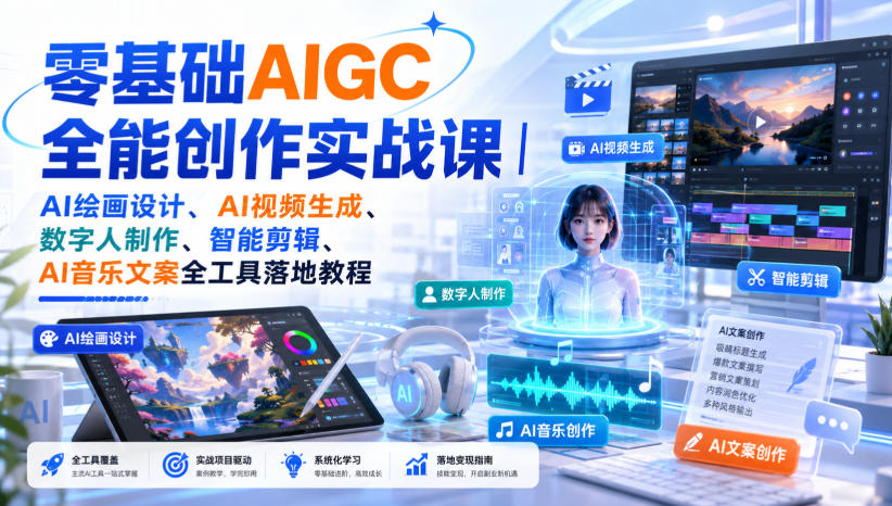 零基础AIGC全能创作实战课|AI绘画设计、AI视频生成、数字人制作、智能剪辑、AI音乐文案全工具落地教程-佳梦网创 - 网创副业项目资源站
