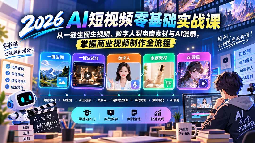 （20263期）2026AI短视频零基础实战课：从一键生图生视频、数字人到电商素材与AI漫剧，掌握商业视频制作全流程-佳梦网创 - 网创副业项目资源站