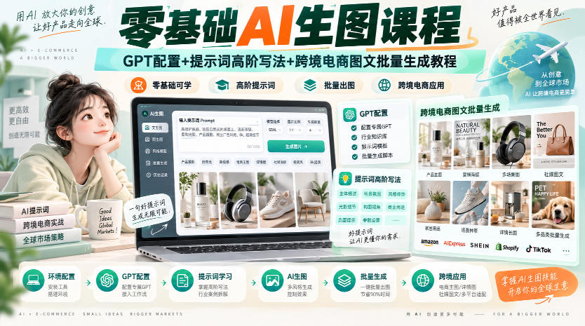 零基础AI生图课程,GPT配置+提示词高阶写法+跨境电商图文批量生成教程-佳梦网创 - 网创副业项目资源站