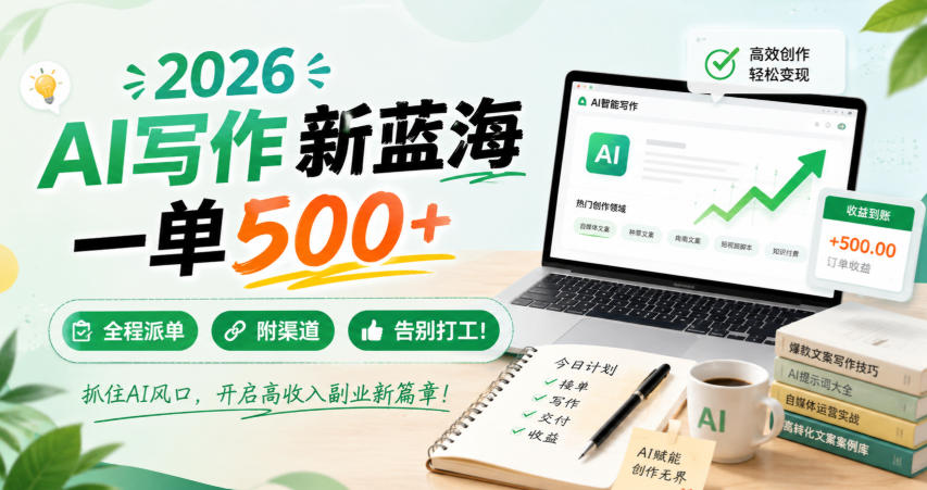 2026 AI写作新蓝海,一单500+,全程派单,附渠道,告别打工!【揭秘】-佳梦网创 - 网创副业项目资源站