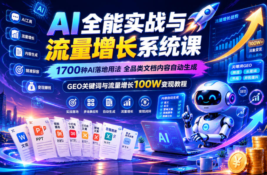 AI全能实战与流量增长系统课，1700种AI落地用法，全品类文档内容自动生成，GEO关键词与流量增长100W变现教程 - 佳梦网创 - 网创副业项目资源站-佳梦网创 - 网创副业项目资源站