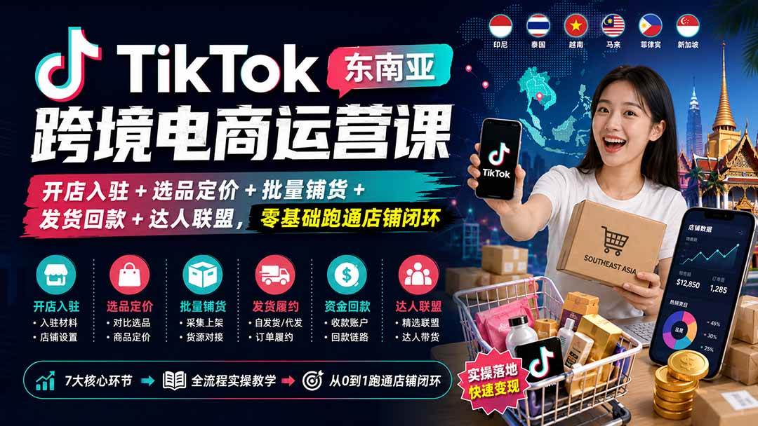 (20059期)TikTok东南亚跨境电商运营课:开店入驻+选品定价+批量铺货+发货回款+达人联盟,零基础跑通店铺闭环-佳梦网创 - 网创副业项目资源站