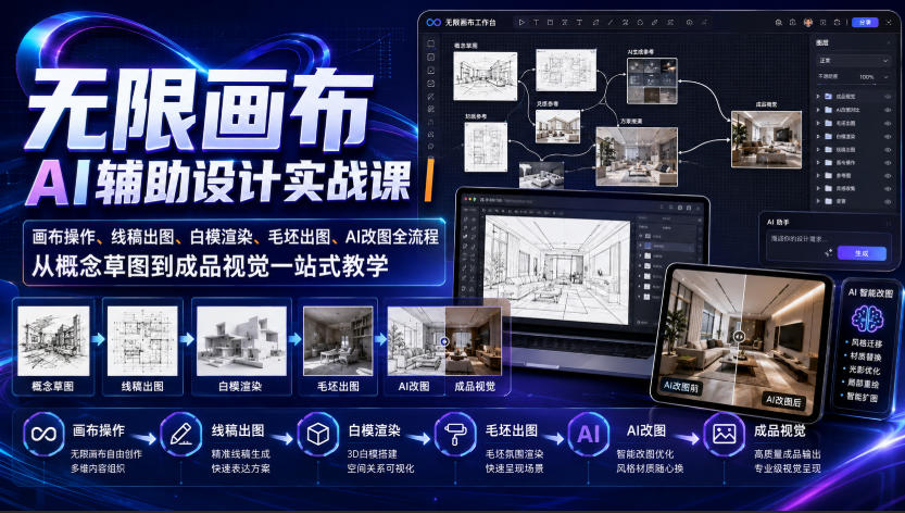 无限画布AI辅助设计实战课｜画布操作、线稿出图、白模渲染、毛坯出图、AI改图全流程，从概念草图到成品视觉一站式教学-佳梦网创 - 网创副业项目资源站