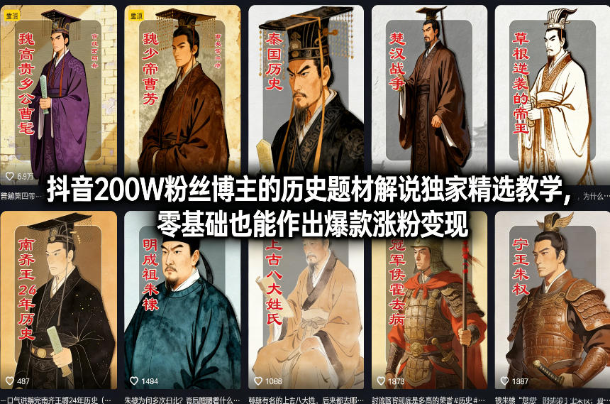 抖音200W粉丝博主的历史题材解说独家精选教学，零基础也能作出爆款涨粉变现 - 佳梦网创 - 网创副业项目资源站-佳梦网创 - 网创副业项目资源站