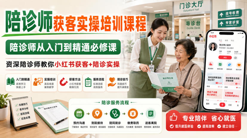 陪诊师获客实操培训课程，陪诊师从入门到精通必修课，资深陪诊师教你小红书获客+陪诊实操 - 佳梦网创 - 网创副业项目资源站-佳梦网创 - 网创副业项目资源站