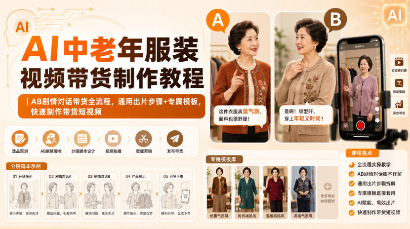 AI中老年服装视频带货制作教程｜AB剧情对话带货全流程，通用出片步骤+专属模板，快速制作带货短视频-佳梦网创 - 网创副业项目资源站