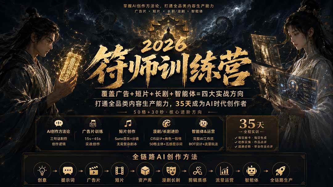 (20179期)符师训练营-35天成为AI时代创作者,广告+短片+漫剧+智能体四大实战方向,掌握从创意到上线的完整工作流-佳梦网创 - 网创副业项目资源站