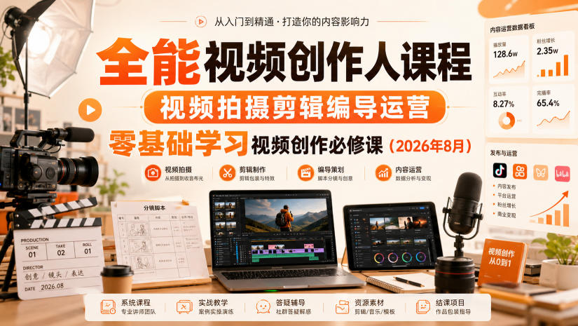 全能视频创作人课程，视频拍摄剪辑编导运营，零基础学习视频创作必修课（2026年8月）-佳梦网创 - 网创副业项目资源站