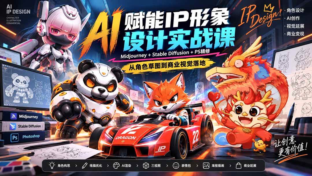 (20552期)AI赋能IP形象设计实战课-无水印:Midjourney+Stable Diffusion+PS精修,从角色草图到商业视觉落地-佳梦网创 - 网创副业项目资源站