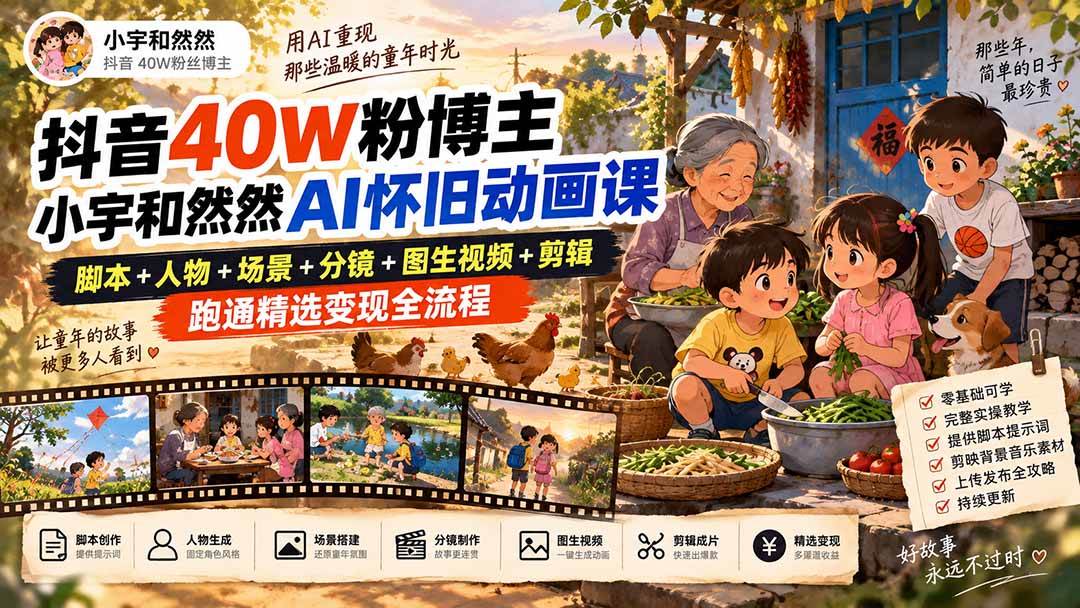 （20549期）抖音40W粉博主小宇和然然AI怀旧动画课｜脚本+人物+场景+分镜+图生视频+剪辑，跑通精选变现全流程-佳梦网创 - 网创副业项目资源站