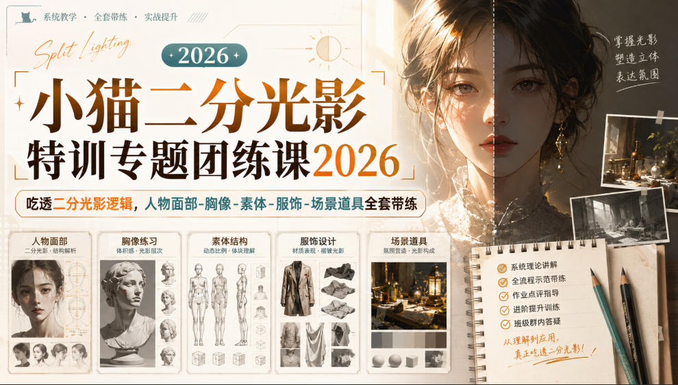 小猫二分光影特训专题团练课2026|吃透二分光影逻辑,人物面部‑胸像‑素体‑服饰‑场景道具全套带练,高清画质附赠课件与笔刷-佳梦网创 - 网创副业项目资源站