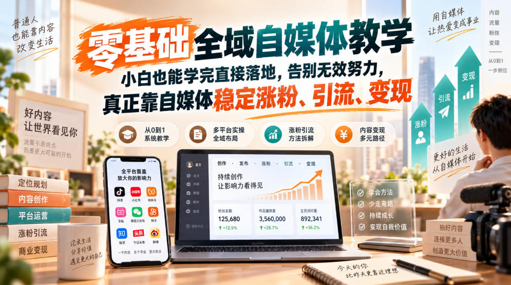 零基础全域自媒体教学，小白也能学完直接落地，告别无效努力，真正靠自媒体稳定涨粉、引流、变现-佳梦网创 - 网创副业项目资源站