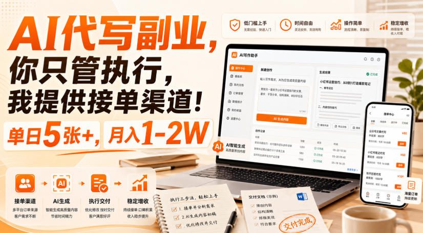 AI代写副业，你只管执行，我提供接单渠道！单日5张+，月入1-2W【揭秘】-佳梦网创 - 网创副业项目资源站