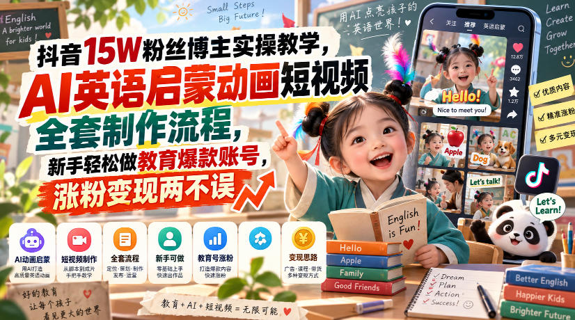 抖音15W粉丝博主实操教学，AI英语启蒙动画短视频全套制作流程，新手轻松做教育爆款账号，涨粉变现两不误-佳梦网创 - 网创副业项目资源站