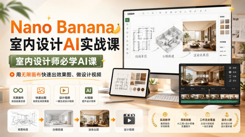 Nano Banana室内设计AI实战课,室内设计师必学AI课,用无限画布快速出效果图、做设计视频-佳梦网创 - 网创副业项目资源站