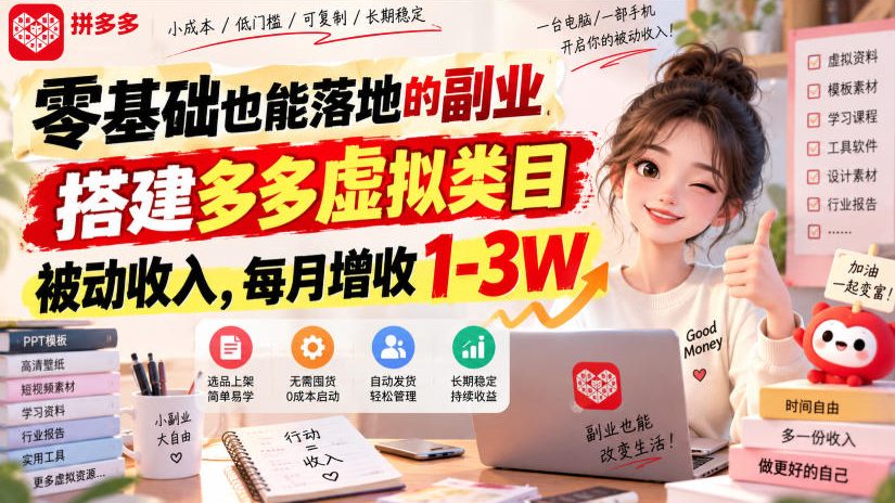 零基础也能落地的副业,搭建多多虚拟类目被动收入,每月增收1-3W【揭秘】-佳梦网创 - 网创副业项目资源站